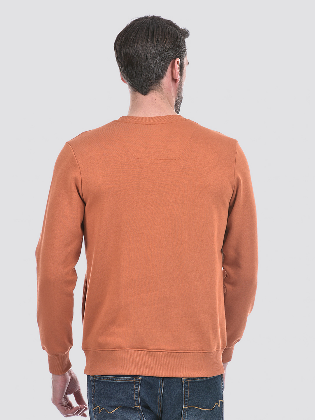 Numero Uno Men Orange Printed Round Neck Brushed Fleece Sweatshirt